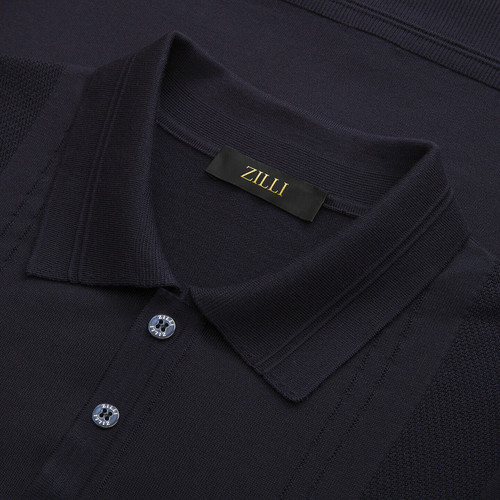 Navy blue button-down polo shirt, “Chevron Placed” design