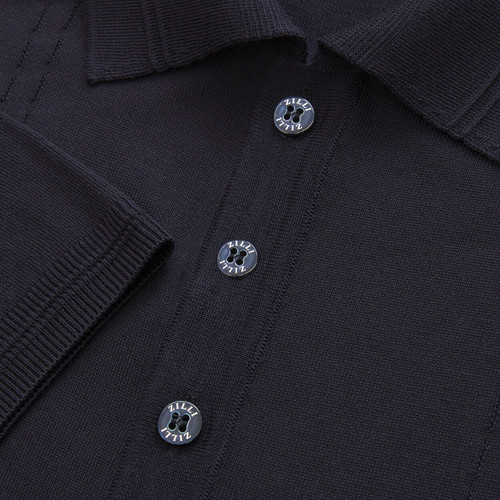 Navy blue button-down polo shirt, “Chevron Placed” design