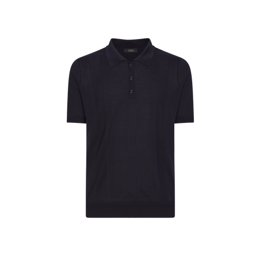 Navy blue button-down polo shirt, “Chevron Placed” design