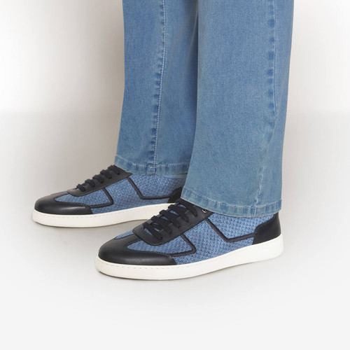 Midnight blue bi-material lace-up sock sneaker