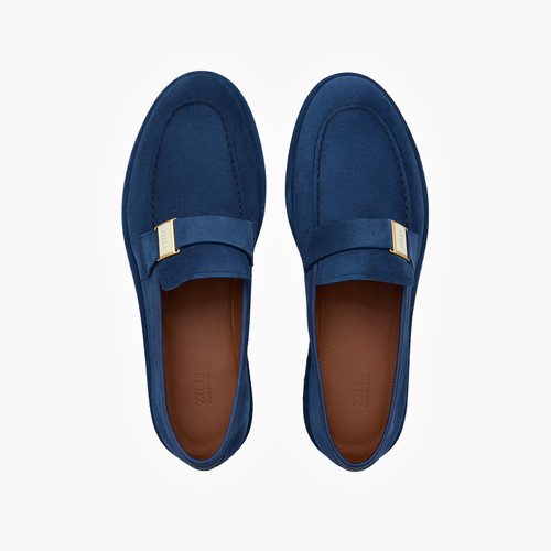 Navy blue moccasins, gold and cream metallic plaque Navy blue moccasins, gold and cream metallic plaque