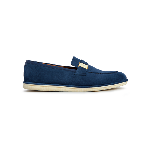 Navy blue moccasins, gold and cream metallic plaque