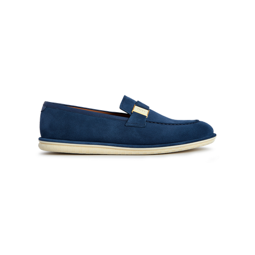 Navy blue moccasins, gold and cream metallic plaque