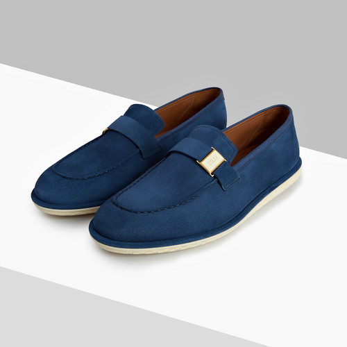 Navy blue moccasins, gold and cream metallic plaque
