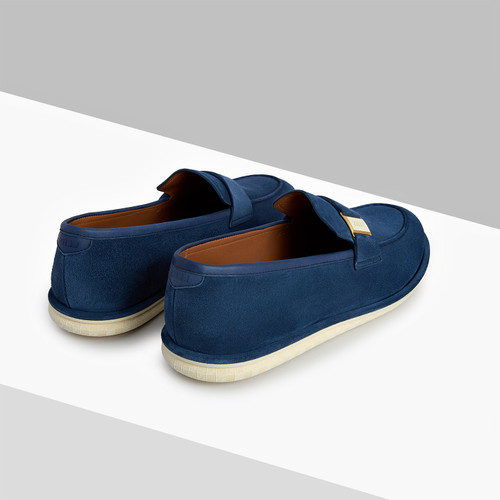 Navy blue moccasins, gold and cream metallic plaque