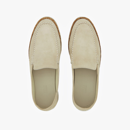 Beige casual moccasins, white woven outsole Beige casual moccasins, white woven outsole