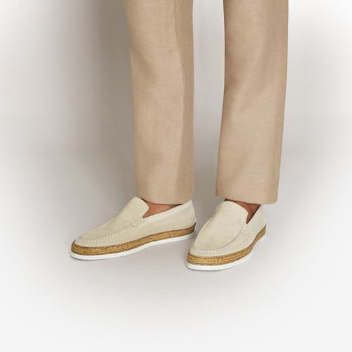Beige casual moccasins, white woven outsole