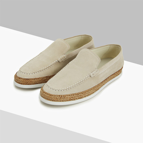 Beige casual moccasins, white woven outsole