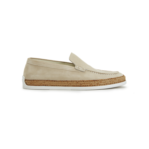 Beige casual moccasins, white woven outsole