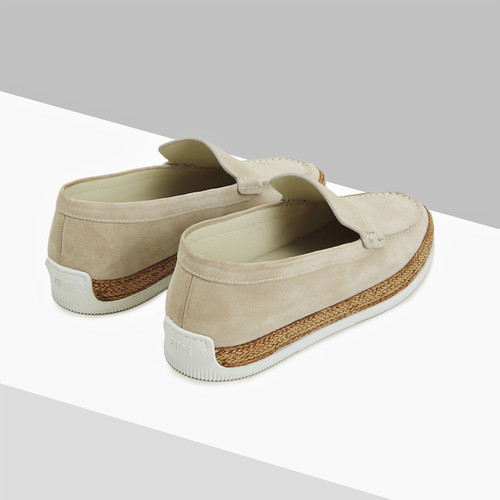Beige casual moccasins, white woven outsole