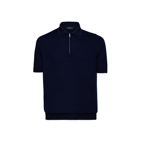 “Ribbon stitching” navy blue zipped polo shirt