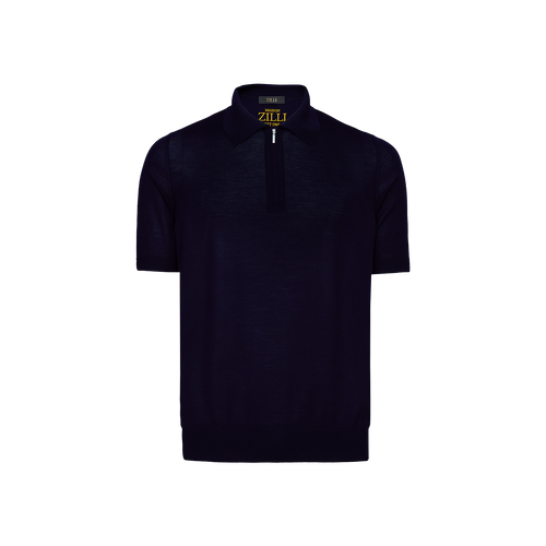 Polo zippé bleu marine, bande latérale en cuir