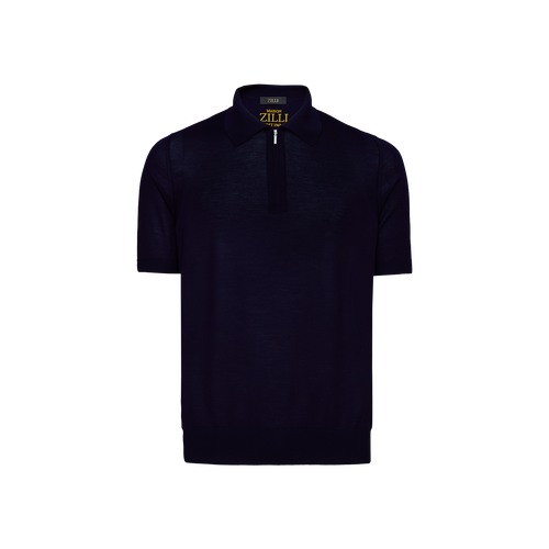 Navy blue zip polo shirt, leather sideband Navy blue zip polo shirt, leather sideband