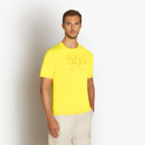 Canary yellow plain round neck T-shirt with “Lion Griffon” embroidery Canary yellow plain round neck T-shirt with “Lion Griffon” embroidery