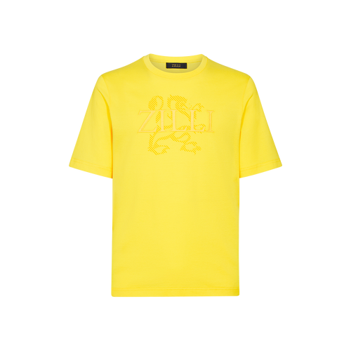 T-shirt uni à col rond jaune canari avec broderie "Lion Griffon". T-shirt uni à col rond jaune canari avec broderie "Lion Griffon".