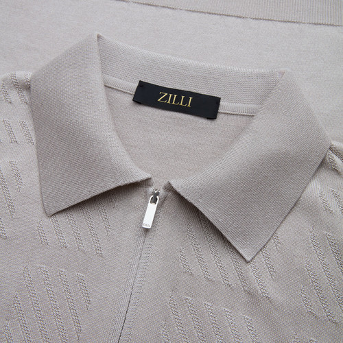Pale fawn “Checks” zipped polo shirt