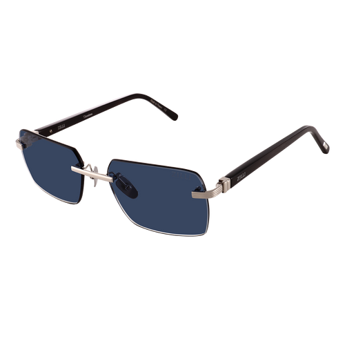 Black and shiny silver, “Horn Riley” sunglasses, blue gradient lenses