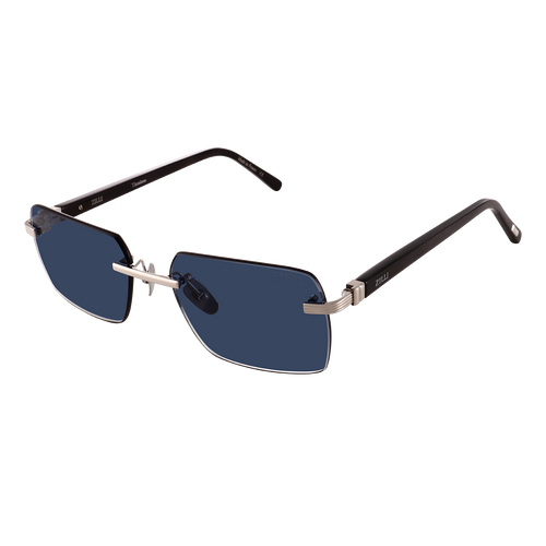 Black and shiny silver, “Horn Riley” sunglasses, blue gradient lenses