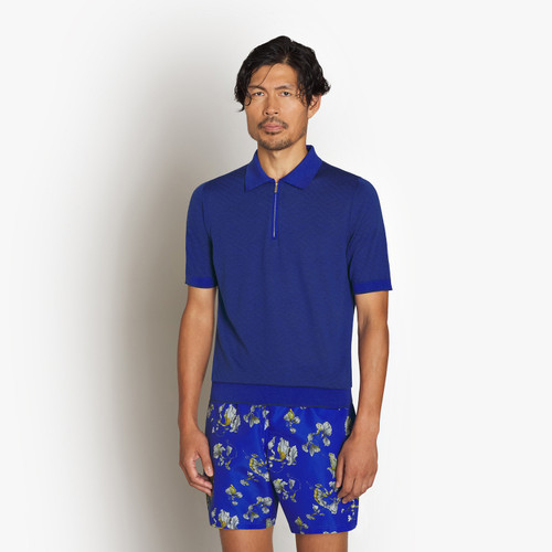 Electric blue “Fil A Fil” zipped polo shirt Electric blue “Fil A Fil” zipped polo shirt