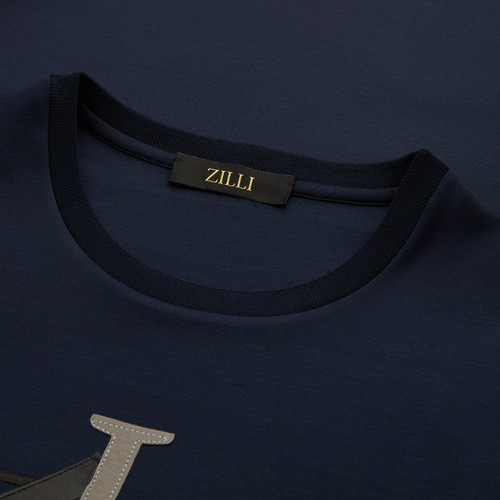 Dark navy round neck T-Shirt, patchwork "ZILLI" Dark navy round neck T-Shirt, patchwork "ZILLI"