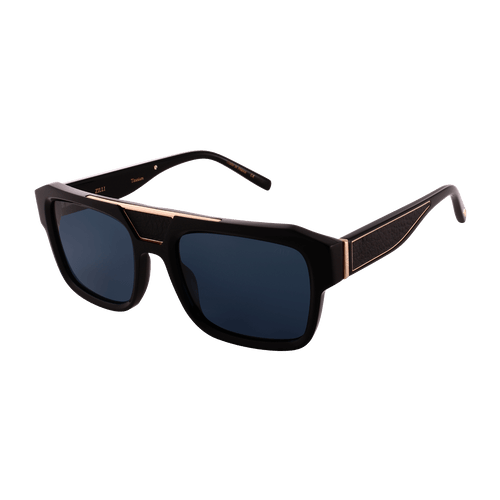 Black and shiny gold "Russel” sunglasses, blue lenses