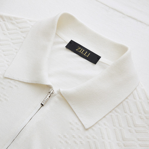 Zipped white polo shirt "Shaded Argyle"