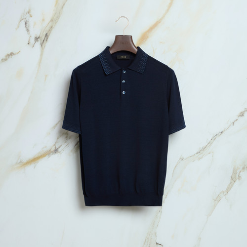 Dark navy blue “Collar Fade” button-down polo shirt