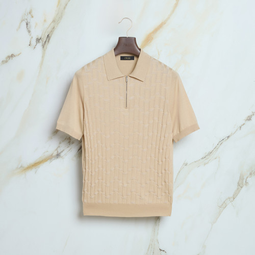 Sand beige “Matrix Vanisé” zipped polo shirt