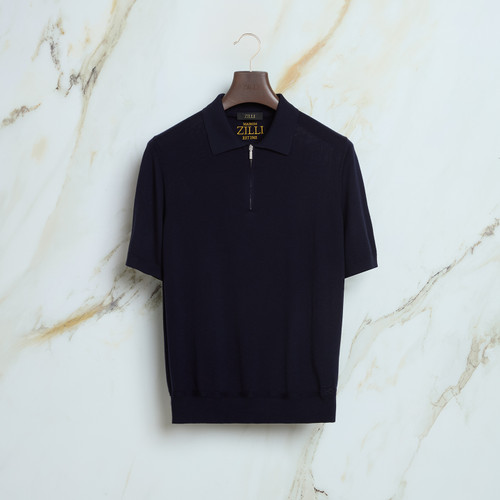 Dark navy blue “Lion Piquet” zipped polo shirt