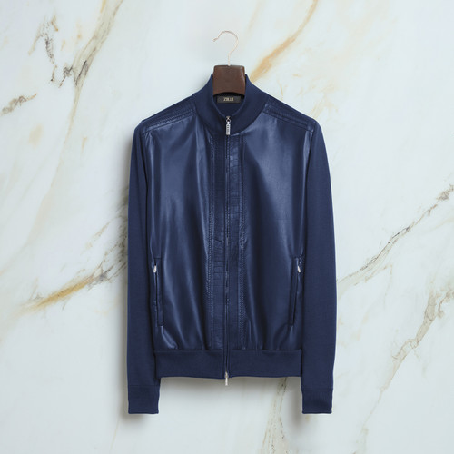 Dark navy blue “Cross knit” zipped cardigan
