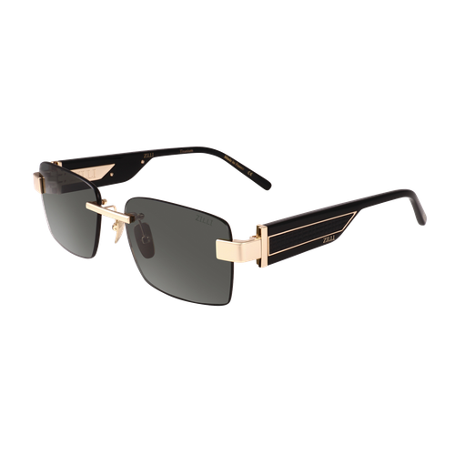 Black and shiny gold “Tchao” sunglasses, green lenses