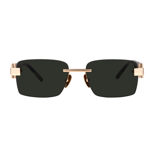 Black and shiny gold “Tchao” sunglasses, green lenses