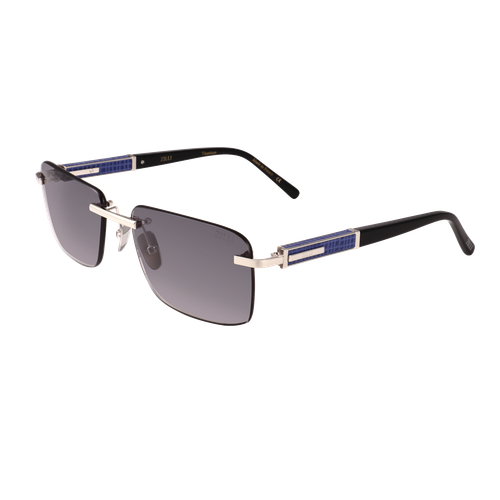Black, blue, and shiny silver “Tcheng” sunglasses, grey gradient lenses