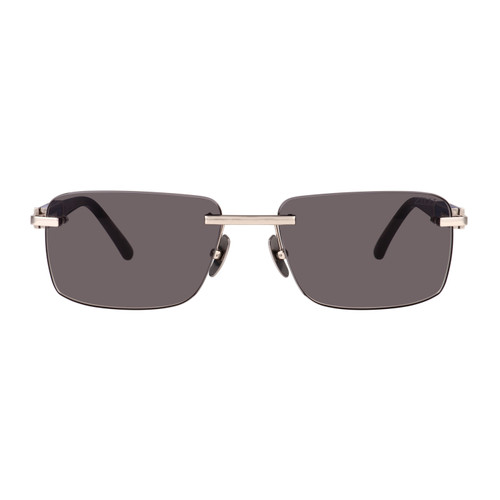 Black, blue, and shiny silver “Tcheng” sunglasses, grey gradient lenses