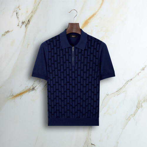 Light periwinkle blue “Matrix Vanisé” zipped polo shirt