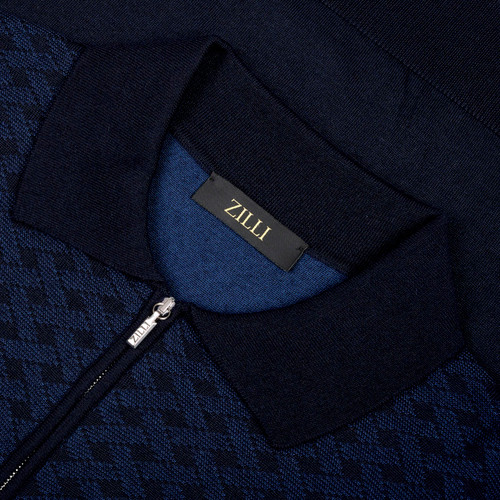 Dark Navy “Micro Herringbone Stitch” zipped polo shirt