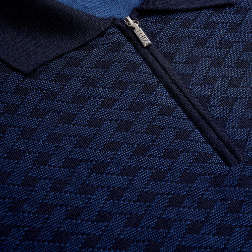 Dark Navy “Micro Herringbone Stitch” zipped polo shirt