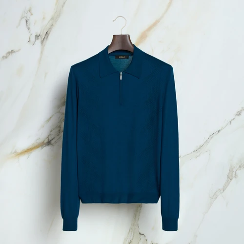 Petrol blue “Placed Geometric” zipped polo shirt
