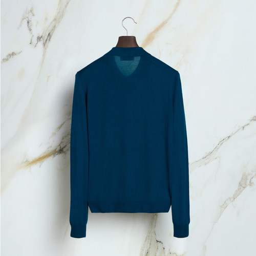 Petrol blue “Placed Geometric” zipped polo shirt