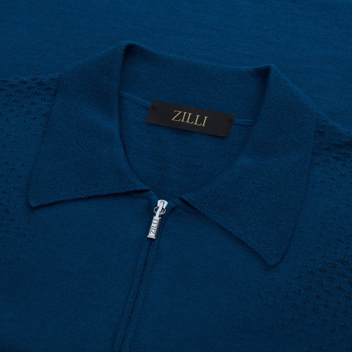 Petrol blue “Placed Geometric” zipped polo shirt