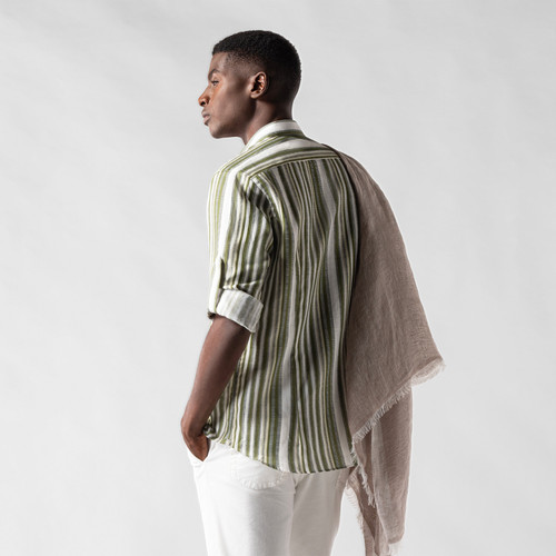 Khaki-green, white and beige striped shirt