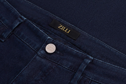 Navy-blue jeans, "ZILLI Poem" embroidery