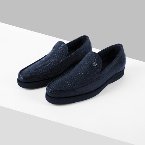 Navy moccasins in crocodile