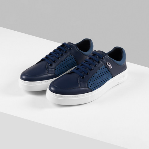 Navy-blue and denim-blue sneakers in calfskin, perforated suede calfskin and deerskin