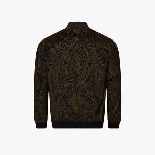 Black and gold velvet bomber, paisley printed pattern