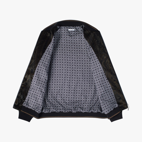 Black and gold velvet bomber, paisley printed pattern