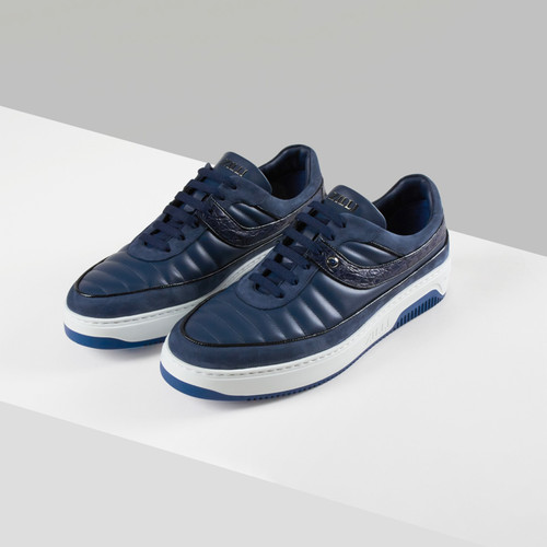 Navy sneakers in suede calfskin, calfskin and crocodile