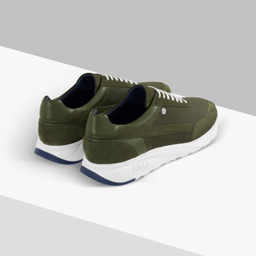 Sneakers run vert olive en cerf, veau velours et veau