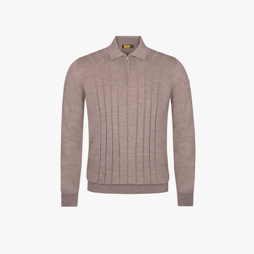 Beige zipped polo shirt, "Hourglass" jacquard weave