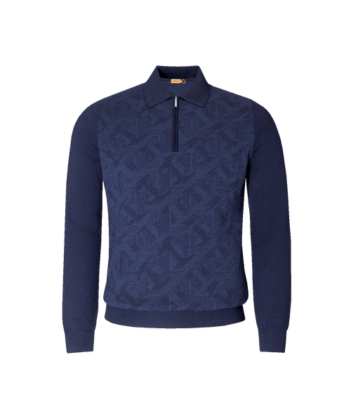 Navy and deep-sea blue polo shirt, "Regimental pied-de-poule" jacquard weave